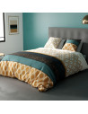 Housse de couette Banguii 240x220 cm   + taies - 100 % Coton 57 fils. Motifs géométriques bleu et moutarde certifiée OEKO-TEX.
