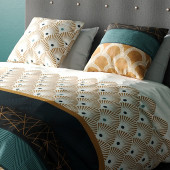 Taies assorties de la housse de couette 260x240 cm BANGUII 100% coton 57 fils au motifs Art Déco bleus et jaunes