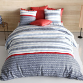 Housse de Couette 220x240 cm SANTORINI + taies 100% coton 57 fils - Style maritime bleu marine et bordeaux - Oeko-Tex