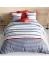 Housse de couette 260x240 cm SANTORINI 100% coton 57 fils + taies - Parure bleue et rouge esprit bord de mer - Finition boutons