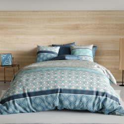 Housse de couette Zircon 260x240 motifs éventails bleu et gris Art Déco en coton.