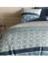 Housse de couette Zircon 260x240 motifs éventails bleu canard et gris Art Déco en coton avec taies d'oreiller carrées assorties.
