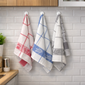 Lot de 6 torchons à carreaux motifs cerises rouge, bleu, gris 100% coton tissage jacquard, 50x70cm