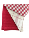 détails lot de 3 torchons 50x70cm motif rouge à carreaux rappel montagnard avec 1 torchon rouge en nid d'abeille