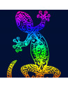 Serviette de plage lézard multicolore sur fond bleu, zoom sur les motif