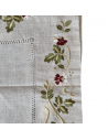 Zoom sur les détails de la broderies florales et coloré sur fond couleur lin, carré de cuisine 85x85cm.