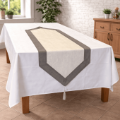 Chemin de table gris et blanc en coton et lin, 45x150cm, chic, bohème et s'adapte à tout les styles. Visuel fond d'ambiance